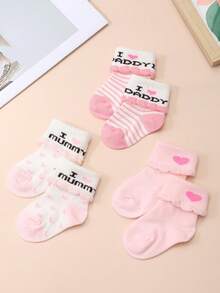 3 pares/set de calcetines para bebé recién nacido, con estampado de "I Love Daddy & Mommy", calcetines con volantes lindos, calcetines de algodón suave para bebés de 0 a 12 meses - Multicolor - Ver 4