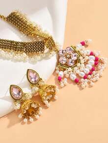 Conjunto de joyería de 3 piezas con collar y aretes con borlas de perlas falsas exageradas - Dorado - Ver 3