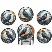 6pcs Absorbent Crow Coaster Set, Colorful Glass Style Crow Print Ceramic Coasters, Non-Slip Cork Base, Perfect For Gothic Home Decor And Housewarming Gifts - Black - View 3