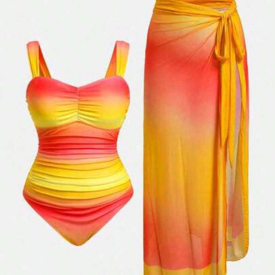 Swim Oasis Plus Size Women 2pcs Set Ombre Ruffled One-Piece Swimsuit For Summer Beach Vacation - Amarillo - Ver 1