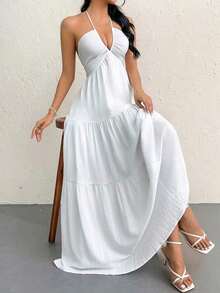 Vestido de gasa con cuello halter y espalda descubierta con nudo para mujeres, ideal para resort, boda y eventos - Blanco 2 - Ver 3