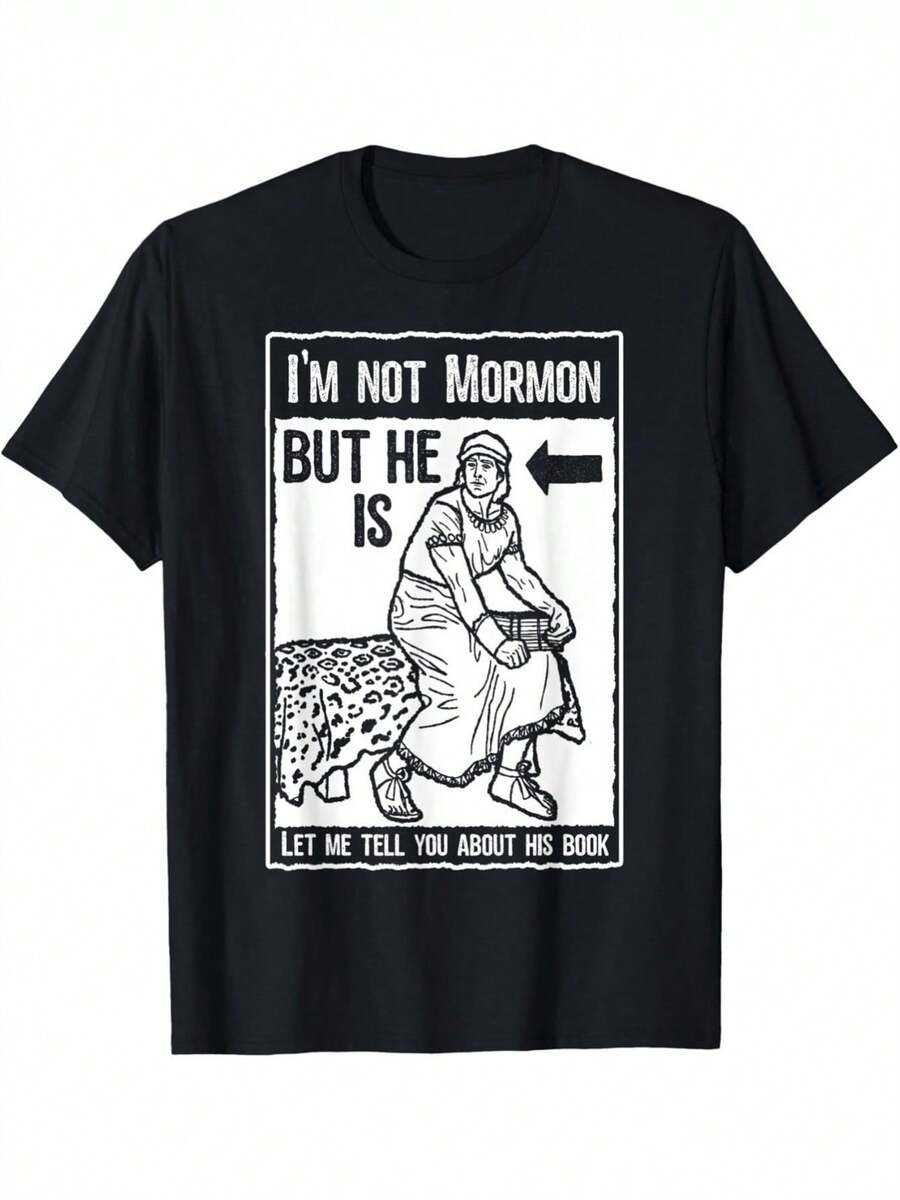 Camiseta Divertida para Hombre con Estampado de "No Soy Mormón, Pero Él Sí Lo Es"| Camiseta negra de manga corta con diseño de estampado de leopardo, cuello redondo casual y cómodo, adecuada para todas las estaciones, impresión digital por transferencia de calor, perfecta para uso diario y casual de fin de semana.blusas para mujer,playeras de mujer,blusas casuales para dama,tops,Suitable For Party & Daily Wear,Perfect For Vacation & PlaytimeGreat For Fiesta & Family Vacations - Negro - Ver 1