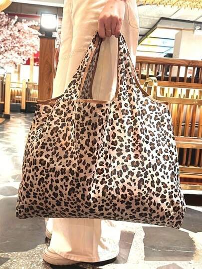 1 Túi Tote Gấp Gọn Họa Tiết Da Báo Nâu, Chất Liệu Polyester Nhẹ, Bền, Chống Rò Rỉ, Có Thể Tái Sử Dụng, Thích Hợp Cho Du Lịch, Sử Dụng Hàng Ngày, Đi Siêu Thị, Đi Chơi Thường Ngày.