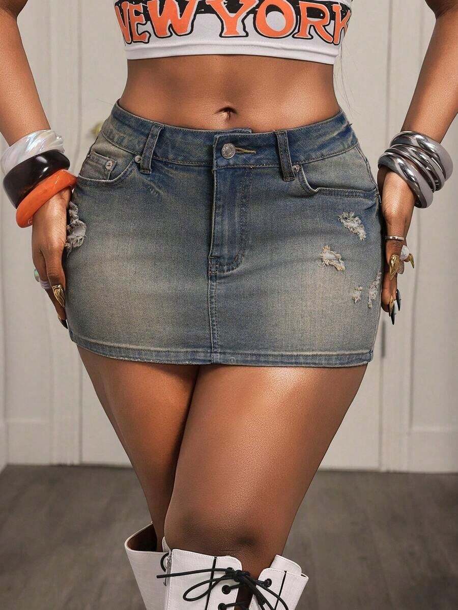 Women's Vintage Distressed Fashionable Belted Denim Mini Skirt - Lavado ligero - Ver 1