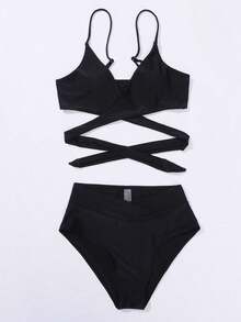 Swim Vcay Bikini minimalista de unicolor 2025, ropa de baño de playa de vacaciones de verano - Negro - Ver 4