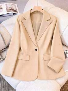 Chaqueta de blazer de unicolor con solapa para mujer, de manga larga con botones y bolsillos, adecuada para otoño, invierno y primavera.Chaqueta de oficina de manga larga, prenda exterior versátil para negocios y hogar, apta para otoño, invierno y primavera - Albaricoque - Ver 3