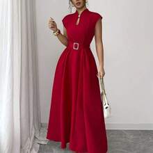 Elenzya Women's Elegant Casual Commute Vacation Afternoon Tea Valentine's Day Party Solid Color Keyhole Neck Sleeveless Waist Ruched Buckle Belt Flared Hem Pockets Dress, Spring/Summer Long Dress With Pocket Women's Dress Formal Wear High Quality Dress Wommen Dress Women Dresses Elegant Classic - Negro - Ver 7