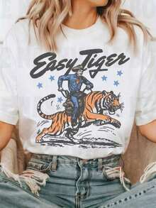 Camiseta de algodón puro para mujer, camiseta estilo denim Easy Tiger, corte unisex, tela cómoda, colores hermosos, material de algodón, alta calidad, estilo casual y cómodo, ropa elegante para mujer. - Blanco - Ver 6