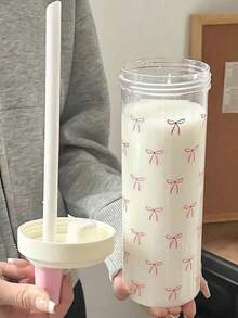 1个粉色蝴蝶结装饰500毫升/700毫升水瓶，珍珠奶茶风格夏季水杯，大容量加粗吸管塑料杯，适合女性和学生，旅行、日常使用、户外露营，女性礼物 - 彩色 - 查看 6