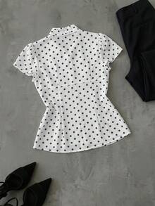 Women's Fashionable Polka Dot Short Sleeve Tie Collar Chiffon Blouse - White - View 9