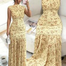 Elenzya Yellow Printed Ruched Waist Slit Elegant Dress For Women - Amarillo claro - Ver 8