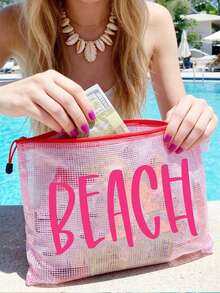 多色防水時尚網格海灘包，印有「Beach」字樣的化妝包，海灘主題。適用於乾濕物品，大容量透明化妝包，尼龍拉鍊盥洗包，輕巧，適合春夏收納，完美適用於游泳、海灘、潛水和夏季度假旅行，也適合學生返校。這款輕巧防曬收納包適合送給朋友、家人、好朋友、同學的禮物。生日、節日、派對、婚禮（伴娘）、母親節、教師節的完美禮物和紀念品 - 彩色 - 查看 7
