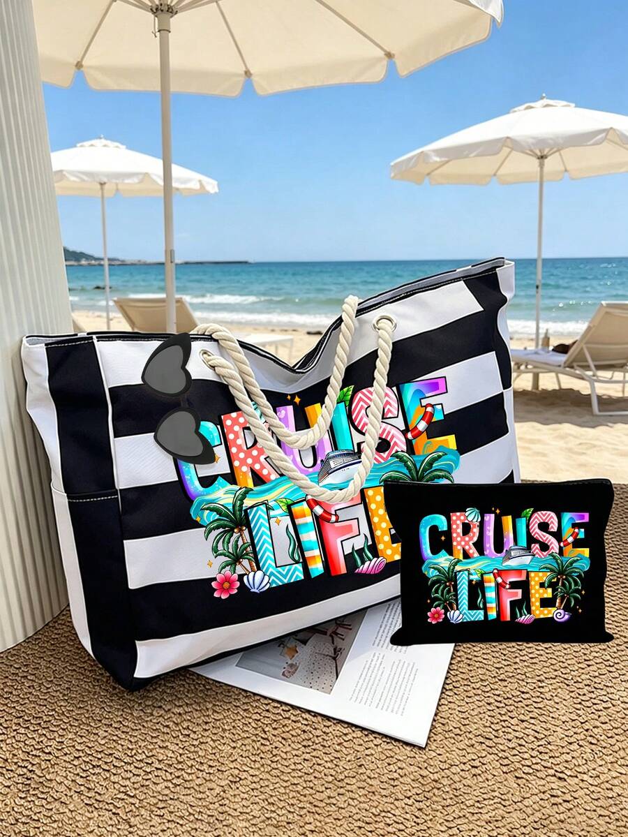 Cruise Life 條紋海灘托特包套裝，大容量帆布托特包附拉鍊收納袋，防水繩編手把，適合郵輪、海灘、旅行使用，可收納泳衣、毛巾、防曬乳及郵輪必需品，適合女性、女孩、旅行者與郵輪愛好者，完美適合作為夏季度假、生日與節日禮物，可用作郵輪包、海灘包、泳裝包與旅行收納包