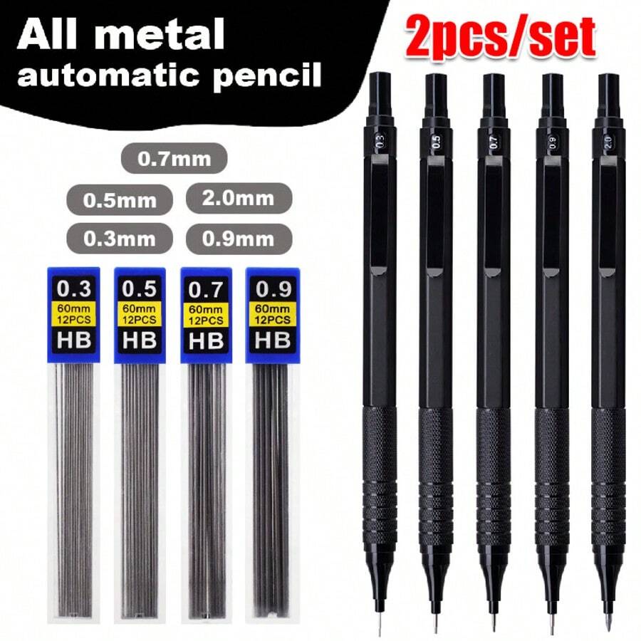 Bộ 2 bút chì cơ khí chất lượng cao, sáng tạo, cỡ ngòi 0.3/0.5/0.7/0.9/2.0mm, ngòi HB khó gãy, rất thích hợp cho phác thảo, vẽ tranh, dụng cụ vẽ, văn phòng phẩm (1 bút + 1 hộp ngòi chì)