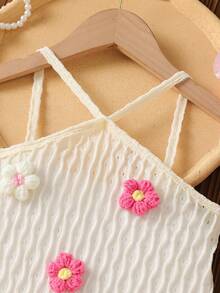 Young Girl Summer Fashion Cute Vacation Style Colorful 3D Floral Decor Ruffle Hem Halter Neck Dress - Apricot - View 3
