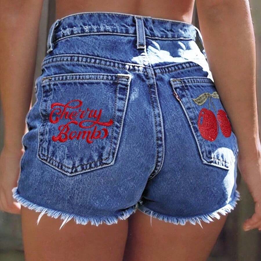 Viva La Moda#春夏秋時尚櫻桃字母印花熱轉印休閒大學度假海灘晚宴假日日常旅行機場穿搭毛邊做舊女款牛仔短褲 - 深藍 - 查看 1