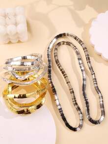 2 Elastic Cord Bracelets With Gold And Silver Color Blocks, European And American Style, 5-Piece Set, Simple And Versatile INS Style, Fashionable Bracelets For Everyday Wear - Aneka warna 4 - View 3