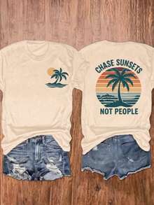 100% Cotton Unisex Round Neck Short-Sleeve T-Shirt With Palm Tree And Sunset Pattern, And The Words "FOREVER CHASING Sunsets" On The Back. Summer Wome - 杏色 - 查看 9