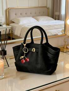 Tas Ember Kulit Suede Desain Niche Musim Gugur/Dingin Eropa dan Amerika dengan Tali, Tas Tangan Fashion Jalanan Wanita untuk Belanja, Bepergian, Pesta, Hadiah (Termasuk Liontin) - Hitam - View 5