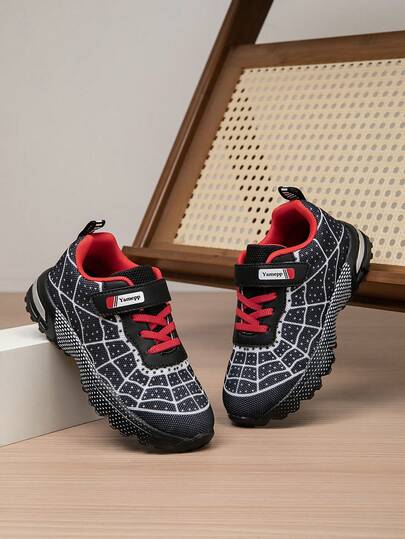 Kids Spider Web Breathable Sports Shoes, Black & Red Contrast Pattern , Unisex Design Fits All Foot Types, Comfortable 4-Season Wear, Hook And Loop Design Balances Outdoor Stability & Daily Commute Comfort, Fashionable Sneakers