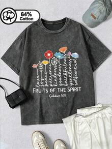 Plus-Size Women's Cotton Crew Neck Acid Wash T-Shirt, Simple Daily Tee, Printed With Flowers & English Letter Patterns. Casual - Black - View 2