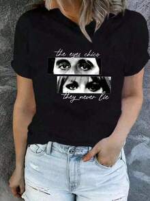 Nueva camiseta de manga corta suelta para mujeres con patrón de letras y blusa casual para mujeres con camiseta de manga corta QARX - Negro - Ver 8
