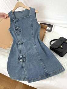 Vestido de mezclilla para mujer, vestido ajustado de línea A sin mangas de cuello cuadrado, azul - Azul lavado medio - Ver 6