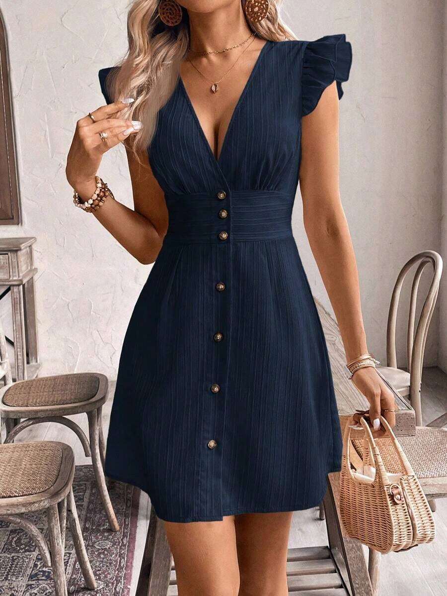 Vestido casual de vacaciones para mujer con mangas de volantes y botones delanteros de unicolor, vestidos de verano para mujer, vestido de té de vacaciones - Azul marino - Ver 1