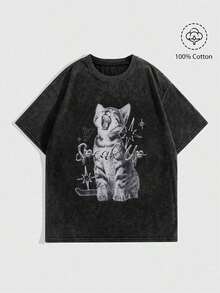 Men's And Women's 100% Cotton Loose Fit Acid-Washed Fabric T-Shirt, Vintage Grunge Punk Style For Women, With Cute Cat Print, Unisex, For School. - 黑色 - 查看 7