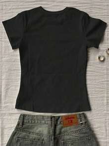 Women's Short-Sleeved T-Shirt With Round Neck And Cat Print - 黑色 - 查看 2
