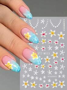 2pcs 3D Summer Ocean Style Starfish & Flower Nail Art Stickers, Minimalist Tropical Floral Slider Nail Decals For Beach Party, Women - Multicolor - View 2