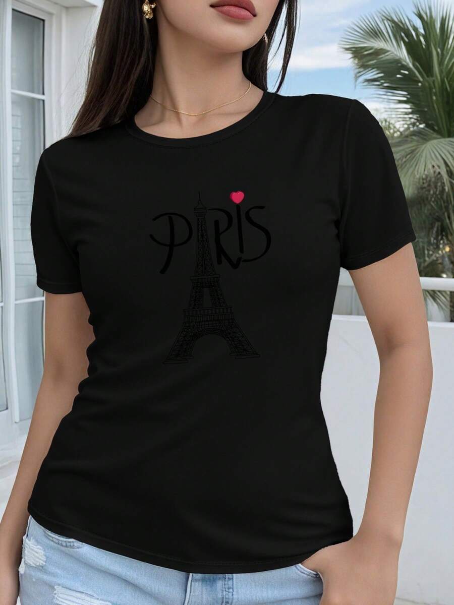 Camiseta para mujer con estampado de la Torre Eiffel y PRIS de temática francesa - Top de manga corta y cuello redondo compatible con blusa, adecuado para ropa casual de verano, atuendos parisinos lavables a máquina - Negro - Ver 1