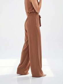 Pantalones casuales de mujer de corte holgado con cintura elástica - Marrón Mocha - Ver 3
