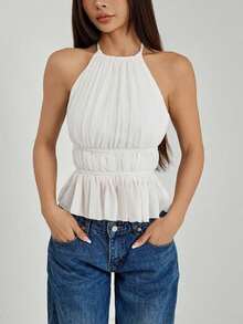 Top de tirantes sin espalda con cuello de halter y cintura anudada plisada para mujer - Blanco - Ver 7