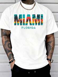 Miami Florida Sunset – Camiseta con Estampado de Palmeras Vintage y Ambiente de Playa, Camiseta Casual de Cuello Redondo y Manga Corta, Cómoda para Primavera y Verano, Ropa para Hombre - Blanco - Ver 1