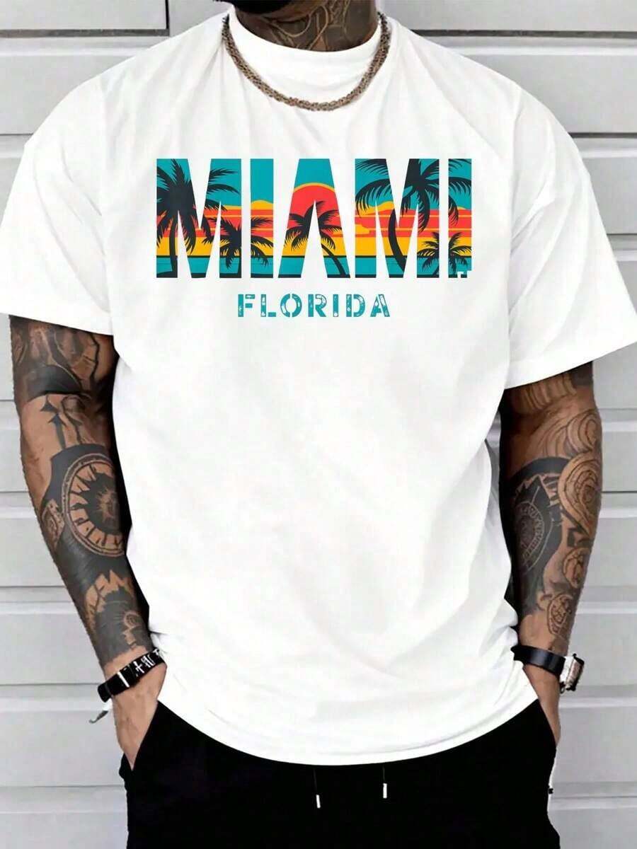 Miami Florida Sunset – Camiseta con Estampado de Palmeras Vintage y Ambiente de Playa, Camiseta Casual de Cuello Redondo y Manga Corta, Cómoda para Primavera y Verano, Ropa para Hombre - Blanco - Ver 1