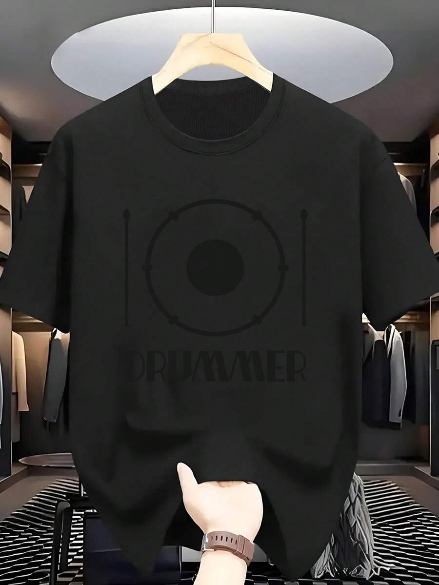Camiseta de manga corta 100% para hombre de talla grande con diseño de baquero y baquetas, cómoda y casual para el verano. - Negro - Ver 1