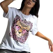 Camiseta de manga corta holgada 100% algodón con estampado de leopardo estilo BF, a la moda y con personalidad, estilo europeo y americano, para mujer, Verano 2026. - Negro - Ver 6