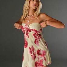 TRNDY Romantic Pleated Floral Print Twist Front Mini Dress, Suitable For Spring/Summer Vacation - Marrón - Ver 9