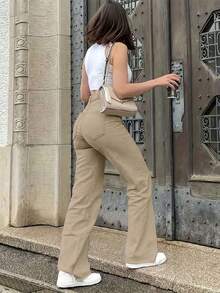 Jeans de cintura alta, unicolor, de corte y ajustado, de estilo minimalista y versátil para mujer, aptos para uso casual, viajes, citas, todas las estaciones, vuelta al colegio, Pascua, Día de la Independencia, Carnaval, Navidad, primavera - Caqui - Ver 4