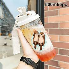 1/5 Stück 500ml süße Otter Händchen haltend Muster Plastikbecher mit Strohhalm, Tragegriff und auslaufsicheren Deckel, transparenter Eiskaffeebecher, niedliches Otter-Paar Design, ideal für den täglichen Gebrauch, tolles Geschenk für Tierliebhaber und Mädchen - Mehrfarbiger Otter - Übersicht 15