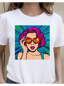 Camiseta de Mujer% Algodón, Camiseta de Mujer Estilo Art con Pelo Rosa y Gafas de Sol, Estilo Cómico, Colores Brillantes, Ropa Casual para Fiestas y Atuendos Divertidos. Camiseta de Mujer 2D, Diseño Casual Holgado, Corte Ligeramente Extendido, Ligera, Transpirable, Éxito de  de Verano. - Blanco - Ver 7