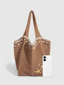 Personalized Slouchy Fashion Simplicity Leisure And Versatile Shoulder Tote Bag, Holiday Decorated Starfish Shells, Large-Capacity Retro Shoulder Straw Bag, Suitable For Daily Travel, Travel And Vacation, Etc. - Khaki - View 8