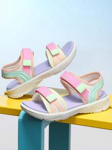 1 Pair Of Simple Color Flat Sandals Woven Hook And Loop Fastener Design Comfortable And Cool Unisex Suitable For Wearing In Summer - Pink - View 5