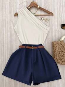 Set de 2 piezas con top de un solo hombro y shorts de unicolor casual de vacaciones para mujer - Multicolor - Ver 1