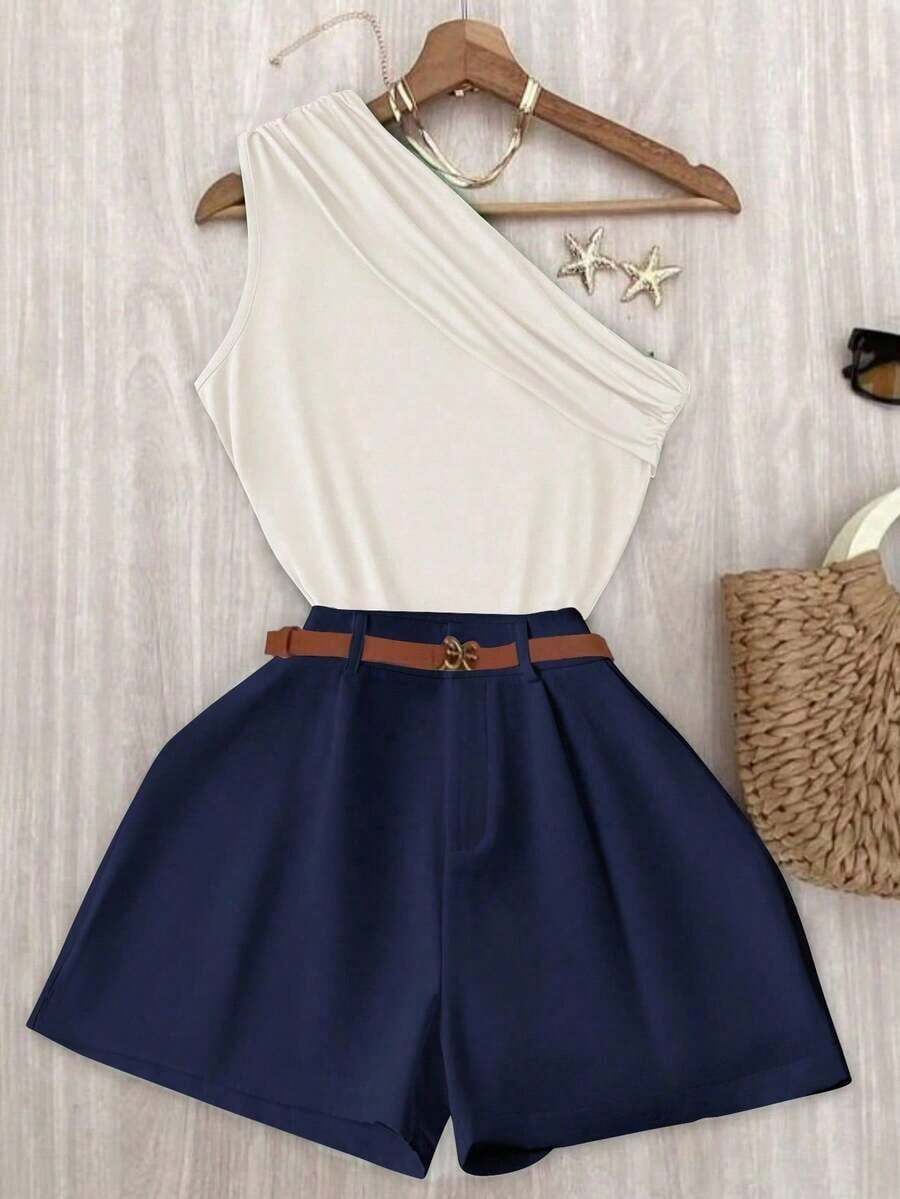 Set de 2 piezas con top de un solo hombro y shorts de unicolor casual de vacaciones para mujer - Multicolor - Ver 1