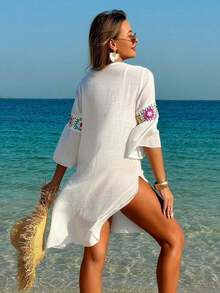 Swim Lushoire Vestido/Cubrecuerpo casual y holgado con estampado floral de ganchillo y cuello en V, manga 3/4, abertura lateral, color aleatorio, para mujer - Blanco - Ver 2