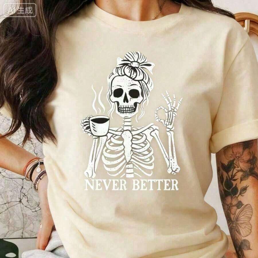 Camiseta de Verano Premium para Mujer con Estampado de Esqueleto para Amantes del Café, Esqueleto Divertido Nunca Mejor, Camiseta Gráfica de Esqueleto para Halloween, Diseño Gótico de Esqueleto, Camisetas Gráficas 100% Algodón Cómodas - Albaricoque - Ver 1
