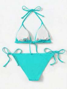 Women's Simple Solid Color Swim Bikini With A Halter Neck And Cutout, Suitable For Beach Vacations And Summer. - Mint Blue 2 - View 2