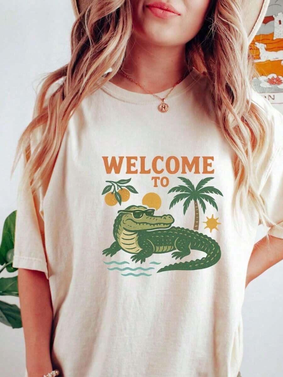 Florida T-Shirt, Florida T-Shirt, Aesthetic Graphic T-Shirt, Sunshine State Florida T-Shirt, Summer T-Shirt Gift, Women's Oversized Summer T-Shirts, Women's Dresses - 白色 005 - 查看 1